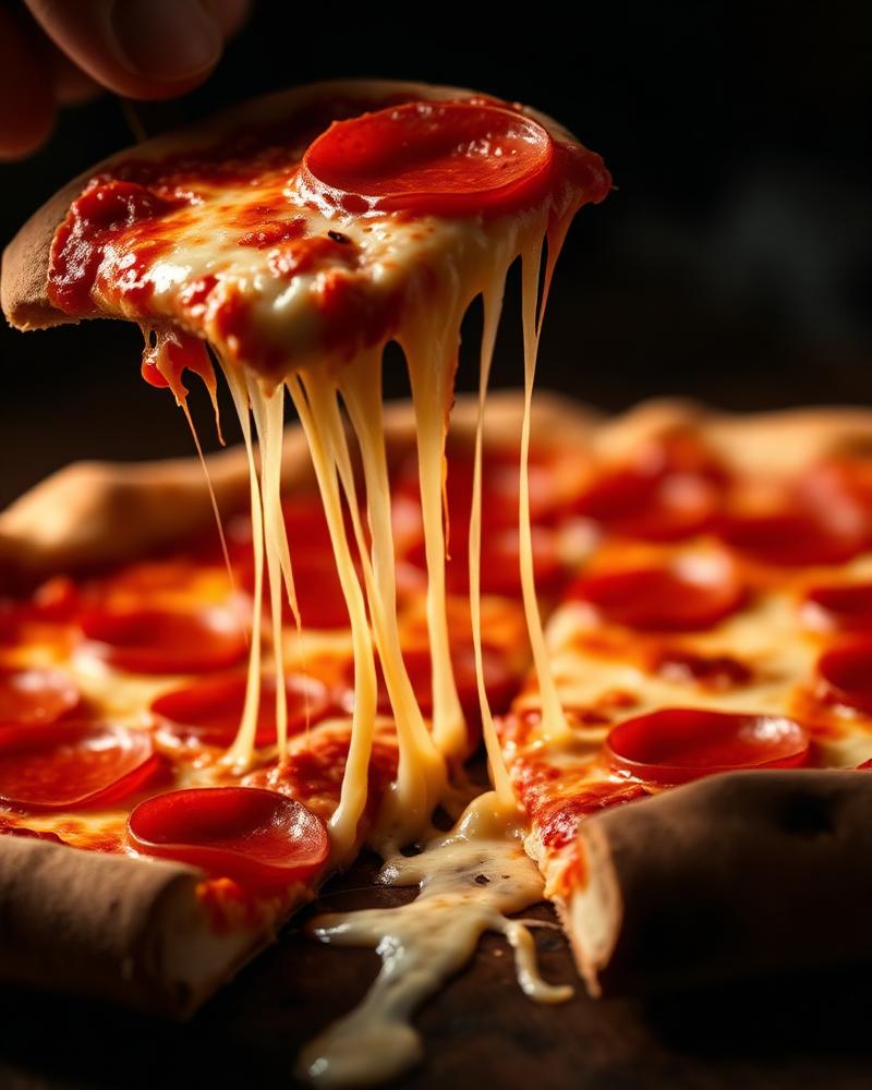 Cheese pull on a hot pepperoni slice